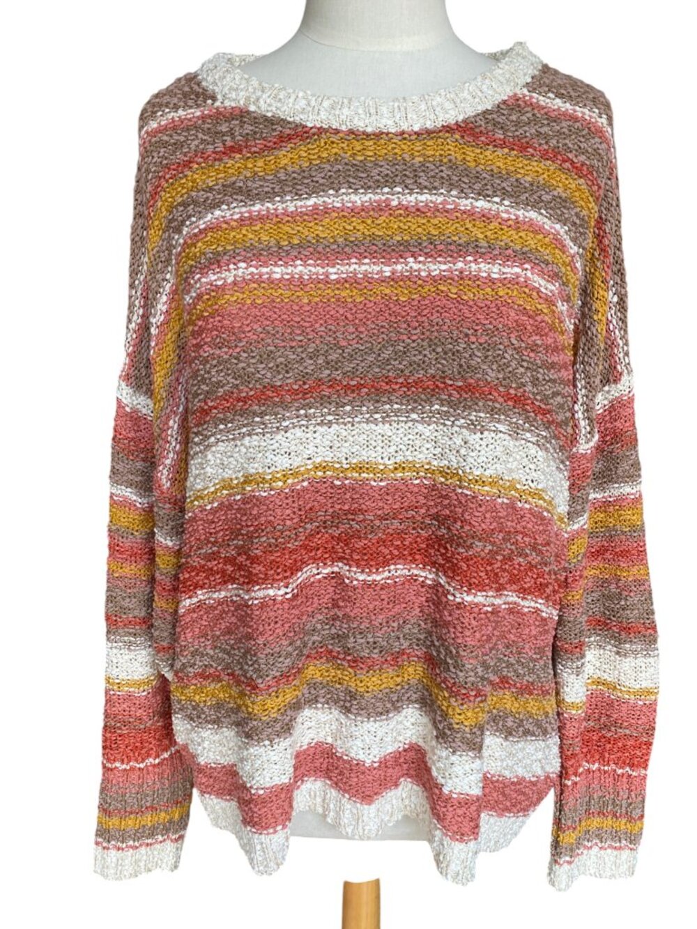 Easel Multi-Color Striped Boucle Knit Sweater Oversized Textured Boho Cottage-L